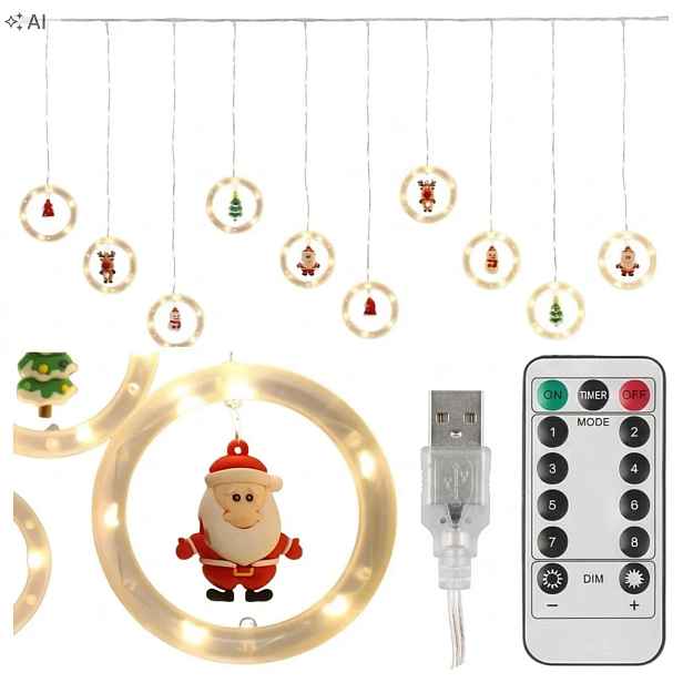 4 ks Světelný Závěs s Led figurkami na Usb okno s dálkovým ovládáním a 3 m lampičky Vánoce
