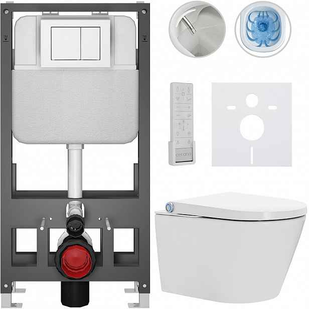 Závěsné WC s bidetem Basic/Cronus Premium - bílá lesklá - WC tlačítko Maxio/Bílá - volně stojící - předstěnová instalace - 59,3x38,4 cm