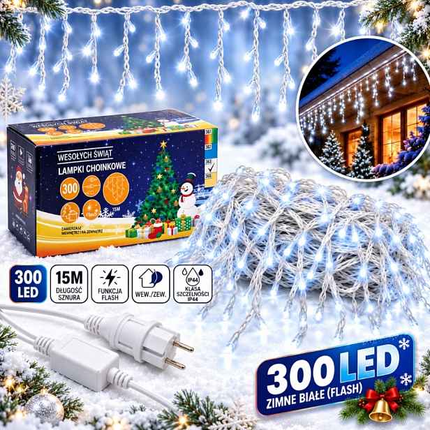 Lampičky rampouchy venkovní 300 Led 15 m studená bílá Flash IP44