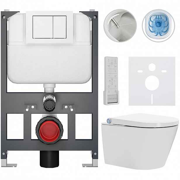 Závěsné WC s bidetem Basic/Cronus Premium - bílá lesklá - WC tlačítko Maxio/Bílá - závěsné - nízký modul - předstěnová instalace - 59,3x38,4 cm