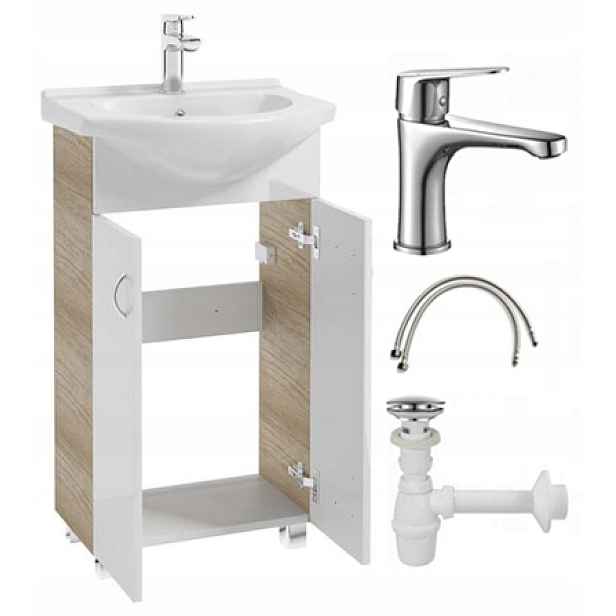 Koupelnová skříňka s umyvadlem a baterií a sifonem 50x86 cm stojící, bílá přední strana