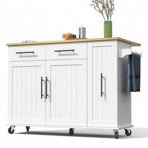 Modfu KUCHYŇSKÝ ostrůvek z MDF 120x40(65)x90 cm bílá/přírodní s výklopnou deskou, kolečky a výsuvným organizérem