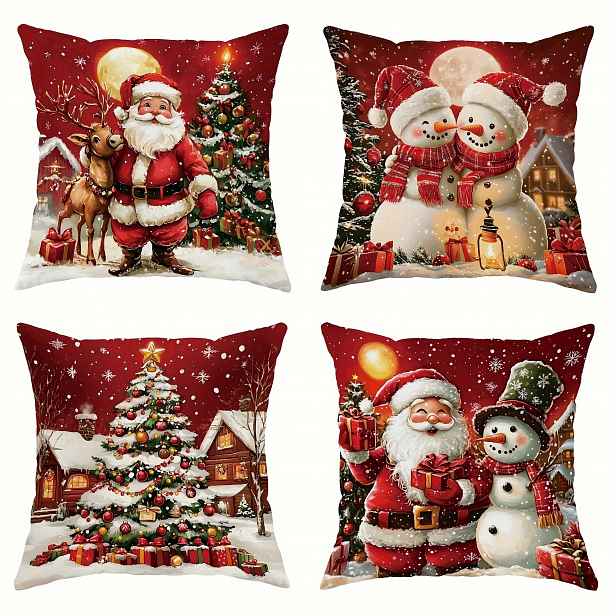 TEMU 1 ks/4 ks Vánoční povlaky na polštáře: Santa , sněhuláků a vánočních stromků