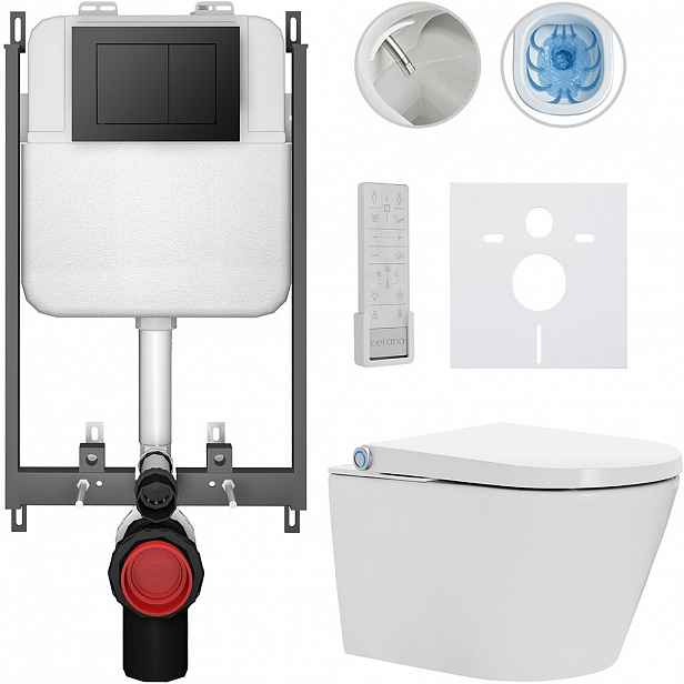 Závěsné WC s bidetem Basic/Cronus Premium - bílá lesklá - WC tlačítko Maxio/Černá - pro zazdění - 59,3x38,4 cm