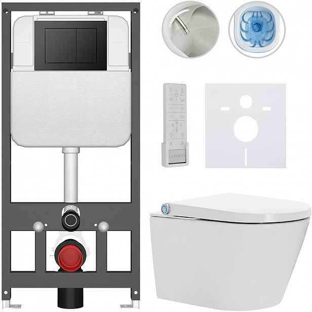 Závěsné WC s bidetem Basic/Cronus Premium - bílá lesklá - WC tlačítko Maxio/Černá - závěsné - předstěnová instalace - 59,3x38,4 cm