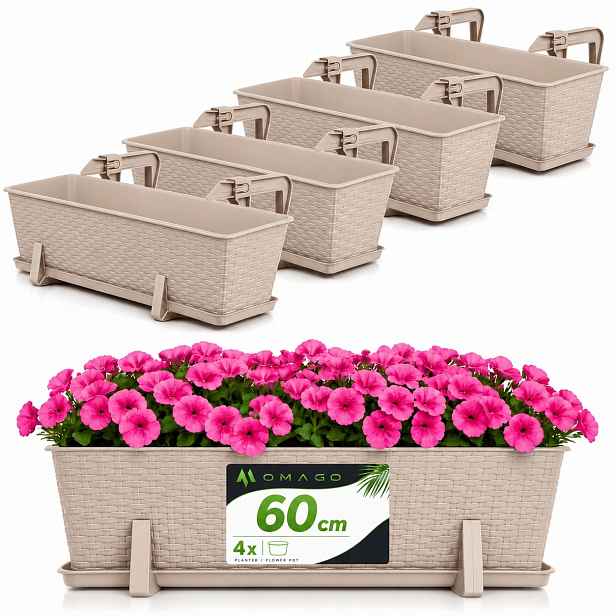 4x Balkonový Truhlík Květináč 60 cm S Držáky Sada Béžová