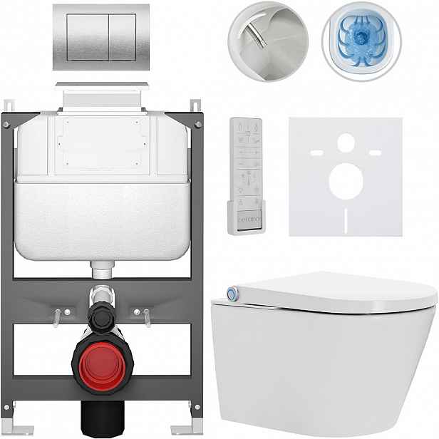 Závěsné WC s bidetem Basic/Cronus Premium - bílá lesklá - WC tlačítko Maxio/Stříbrná - ovládání shora - předstěnová instalace - 59,3x38,4 cm