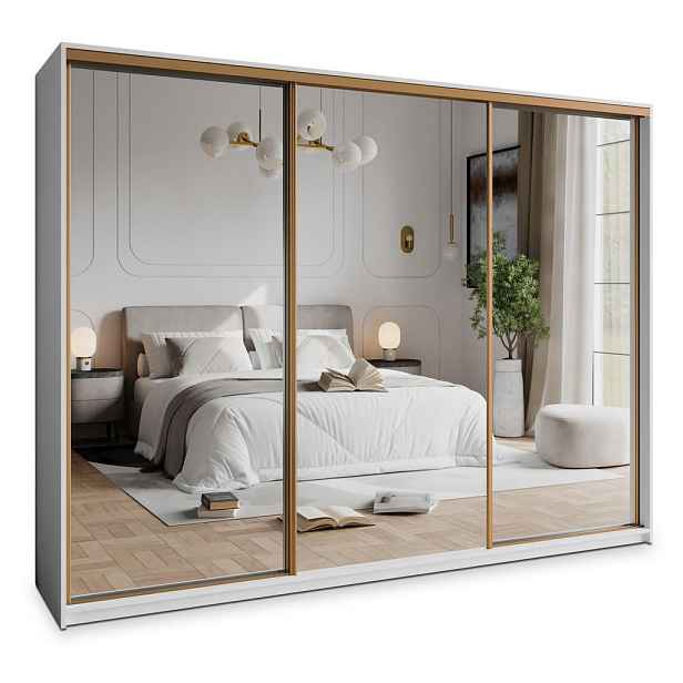 MASSENO ŠATNÍ SKŘÍŇ S POSUVNÝMI DVEŘMI RIEN, 250/205/60 cm 3dveřová se zrcadlem a zásuvkami, bílá