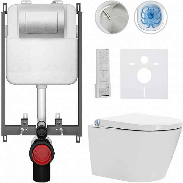 Závěsné WC s bidetem Basic/Cronus Premium - bílá lesklá - WC tlačítko Maxio/Stříbrná - pro zazdění - 59,3x38,4 cm