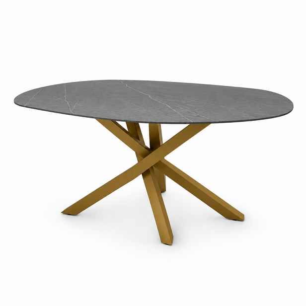 Jídelní stůl ROYAL GRIGIO – 230 × 130 cm, keramická deska 24 mm Shark Nose, zlatá podnož VALETTA M