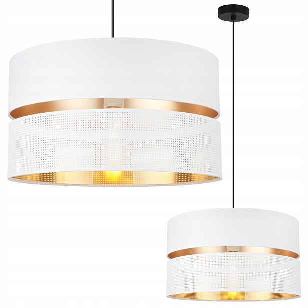 Závěsná Stropní Lampa Lustr Bílý Zlatý Stínidlo Glamour Dvojitý 40 CM