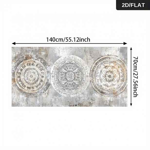 TEMU 2D Plochý, 1ks Bezrámové Plátno Moderní Abstraktní Retro Medailonová Nástěnná Dekorace - 27,56x55,12 Palců, Zlatý a Bílý Mandala Design,