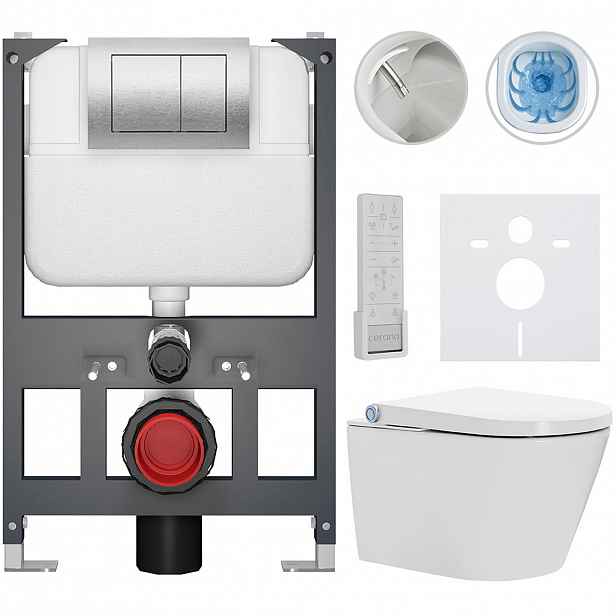 Závěsné WC s bidetem Basic/Cronus Premium - bílá lesklá - WC tlačítko Maxio/Stříbrná - závěsné - nízký modul - předstěnová instalace - 59,3x38,4 cm