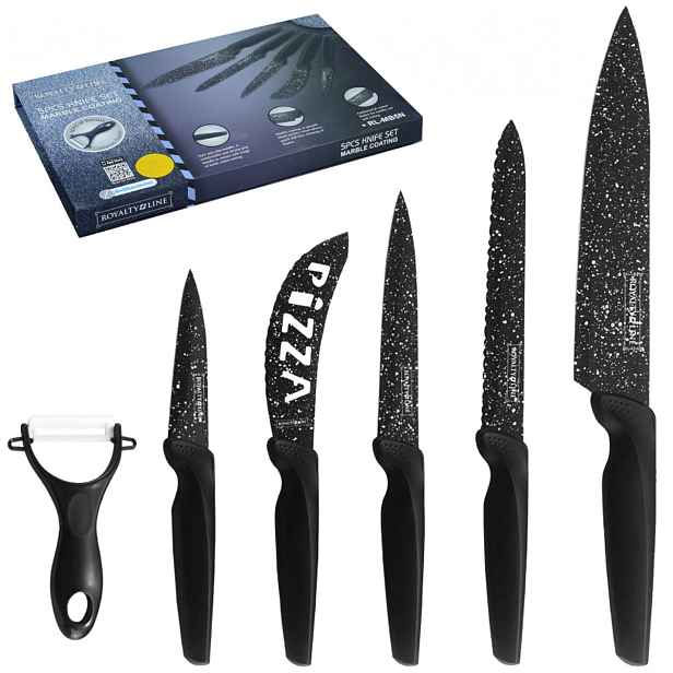 Royalty Line RL-MB5N 6-dílný set nožů s keramickou škrabkou, 19cm, 15,2cm, 12,5cm, 11cm, 9cm, černá