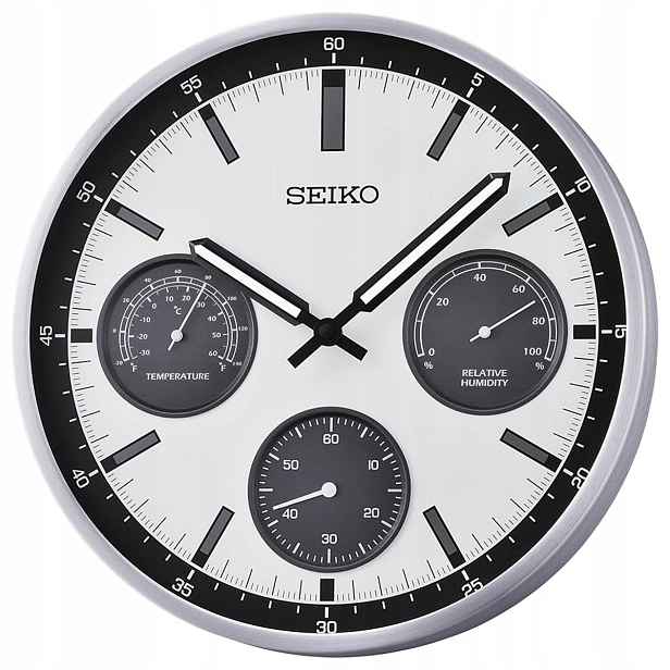 Japonské Hliníkové Hodiny Seiko QXA823S S Teploměrem A Vlhkoměrem 33 cm