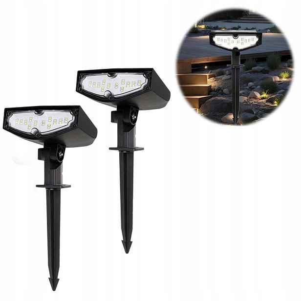 2x Led solární zahradní reflektor 27, 9 CM, Černý, světelný senzor
