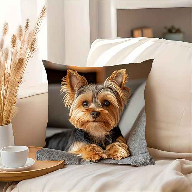 TEMU 1ks Moderní Plyšový Yorkshire Terrier Throw Pillow Cover 17.7x17.7 Palců - Lze Prát V Pračce, Zavírání Zipem, Ideální Pro Domácnost, Kancelář A