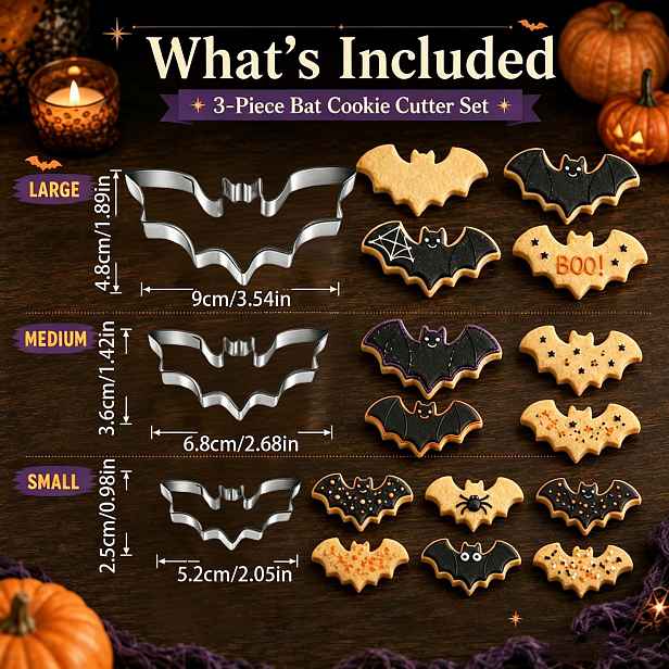 TEMU Sada 3 vykrajovátek na Halloween ve tvaru netopýra z nerezové oceli, pro ruční pečení, vhodné pro dekoraci jídel na halloweenskou párty