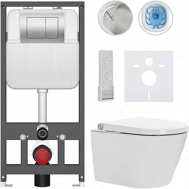 Závěsné WC s bidetem Basic/Cronus Premium - bílá lesklá - WC tlačítko Maxio/Stříbrná - závěsné - předstěnová instalace - 59,3x38,4 cm