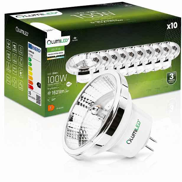 10x Led žárovka G53 AR111 15W 100W 1521lm 4000K 24° 12V Stříbrná Lumiled