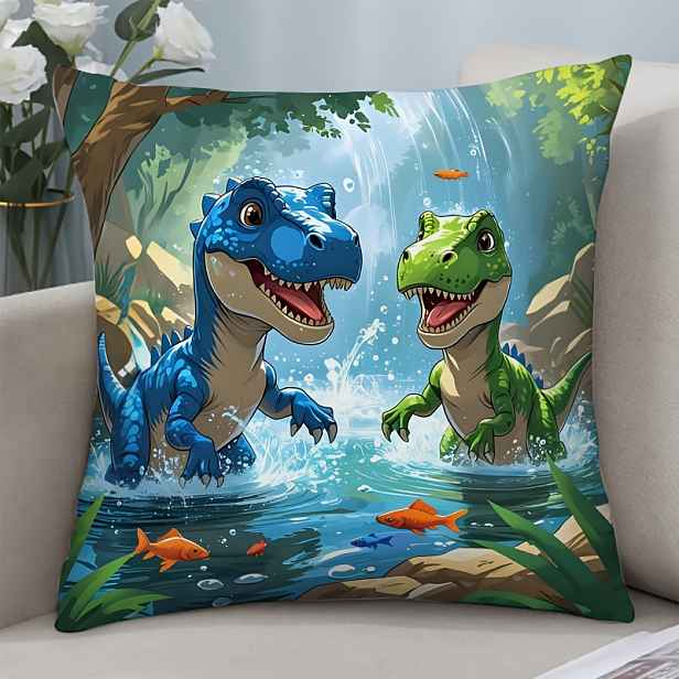 TEMU 1 ks Povlak na polštář s dinosaurem, zapínání na zip, jednostranný potisk, 18 x 18 palců, krátký plyšový povlak na polštář, lze prát v pračce,