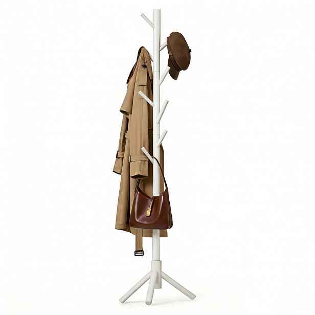 Relaxdays VĚŠÁK Bílý z borovicového dřeva 8 háčků 175 cm