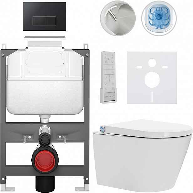 Závěsné WC s bidetem Basic/Cronus Premium - bílá lesklá - WC tlačítko Modulo/Černá - ovládání shora - předstěnová instalace - 59,3x38,4 cm