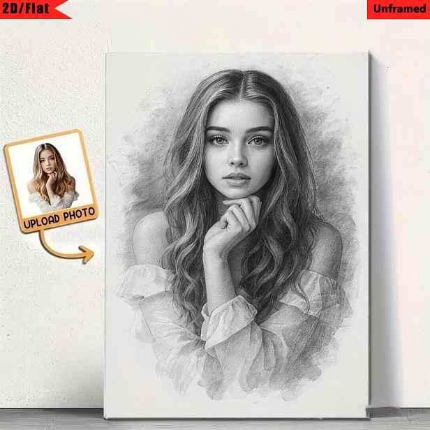 TEMU 2D plochý, 2D plochý, 2D/plochý, 1 ks, bez rámu, portrét skicovaný tužkou na zakázku z fotografie, personalizovaný tisk na plátno s kresbou z