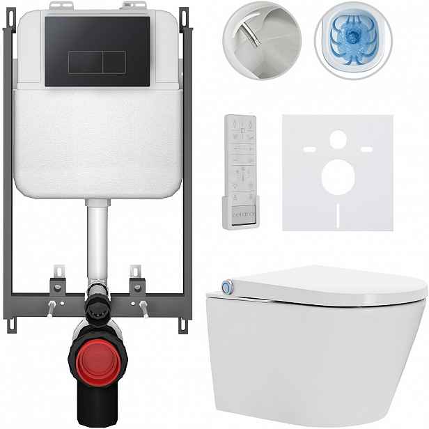 Závěsné WC s bidetem Basic/Cronus Premium - bílá lesklá - WC tlačítko Modulo/Černá - pro zazdění - 59,3x38,4 cm