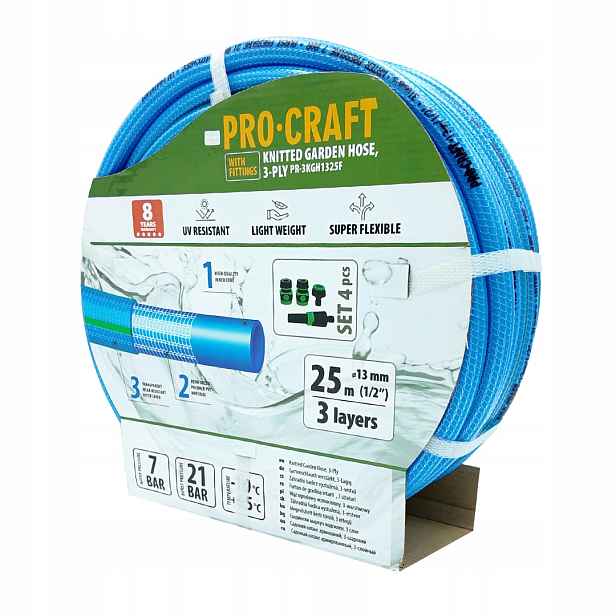 Modrá zahradní hadicí Procraft PR-3KGH1325F 3-vrstvá, 1/2" 25m