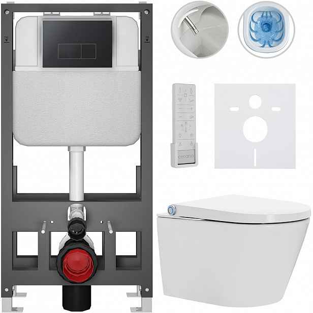 Závěsné WC s bidetem Basic/Cronus Premium - bílá lesklá - WC tlačítko Modulo/Černá - volně stojící - předstěnová instalace - 59,3x38,4 cm