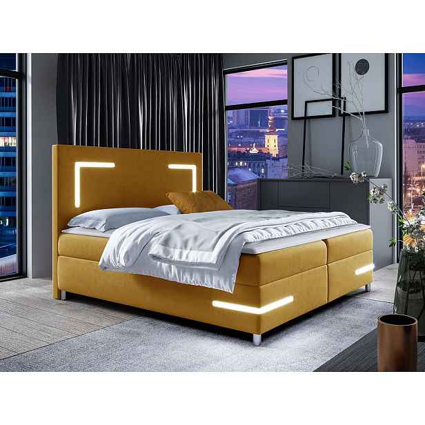 Boxspringová jednolůžková postel 120x200 MADENA - žlutá + topper a LED osvětlení ZDARMA