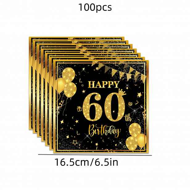 TEMU 100 ks černých a zlatých dekorací k 60. narozeninám, 6,5palcové jednorázové ubrousky pro oslavu, vhodné pro muže i ženy, ideální pro dárky na