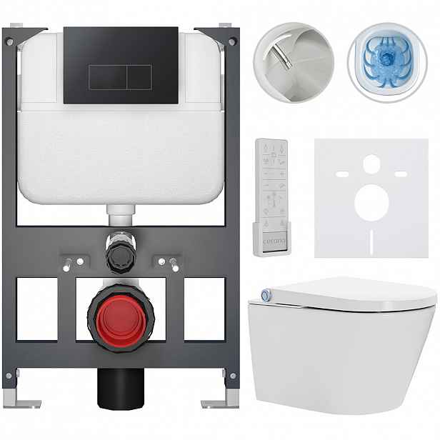 Závěsné WC s bidetem Basic/Cronus Premium - bílá lesklá - WC tlačítko Modulo/Černá - závěsné - nízký modul - předstěnová instalace - 59,3x38,4 cm