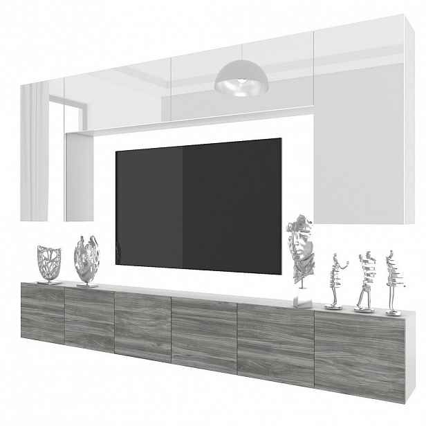 B BELINI GROUP OBÝVACÍ STĚNA Milano 2, Bílá lesklá / Šedá matná, 300 cm, Bezúchytková