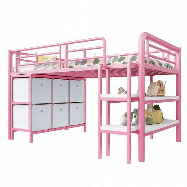 OKWISH DĚTSKÁ vysoká postel 207/105/107,5 cm bílá/růžová s úložným prostorem z kovu a MDF