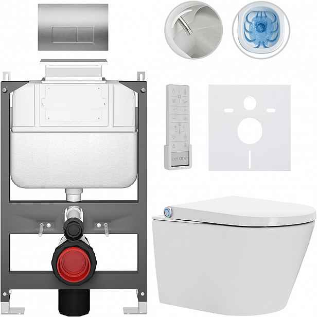 Závěsné WC s bidetem Basic/Cronus Premium - bílá lesklá - WC tlačítko Modulo/Stříbrná - ovládání shora - předstěnová instalace - 59,3x38,4 cm