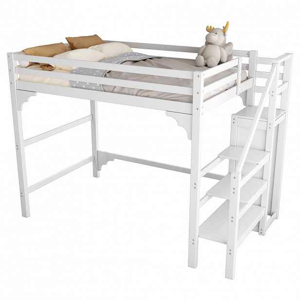 OKWISH PATROVÁ postel 140/200 cm bílá se šatní skříní a schůdky