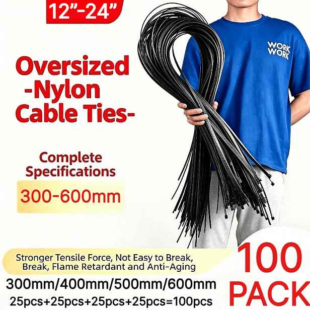 TEMU 100 ks extra dlouhých extra velkých 30/40/ cm vysoce odolných kabelových pásek, 100 ks - maximální nosnost 90 kg, vhodné pro vnitřní a venkovní
