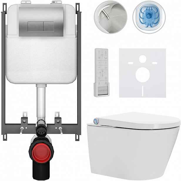 Závěsné WC s bidetem Basic/Cronus Premium - bílá lesklá - WC tlačítko Modulo/Stříbrná - pro zazdění - 59,3x38,4 cm