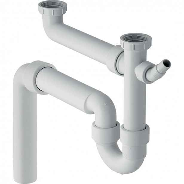 Geberit - Zápachová uzávěrka pro dvojdřez, s úhlovou hadicovou objímkou, vývod svislý, d 50 mm 152.553.11.1