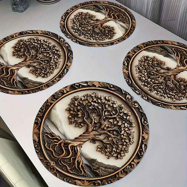 TEMU Sada 4 ks světle hnědých dřevěných prostírání života - Vintage květinový design kořenového systému, tepelně odolné a neklouzavé podložky na stůl