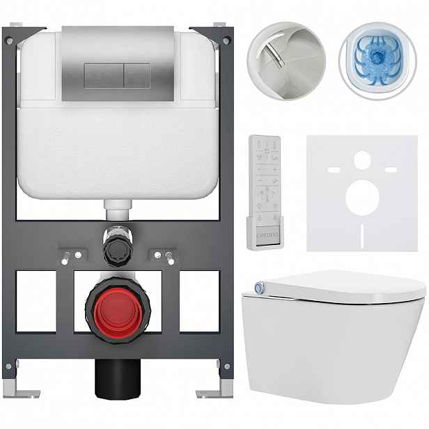 Závěsné WC s bidetem Basic/Cronus Premium - bílá lesklá - WC tlačítko Modulo/Stříbrná - závěsné - nízký modul - předstěnová instalace - 59,3x38,4 cm