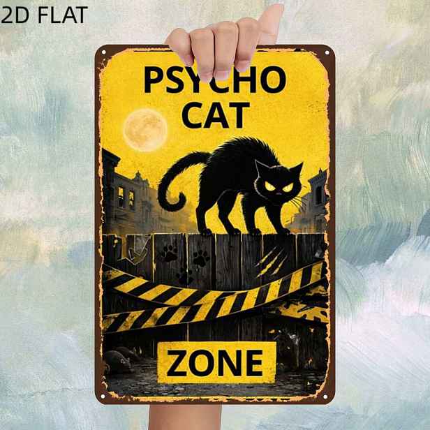 TEMU 2D plochá, 1 ks, Vintage " Cat Zone: Zarámovaný okouzlující výstražný znak" Kovová železná cedule, předvrtané otvory, dekorace na zeď do kuchyně