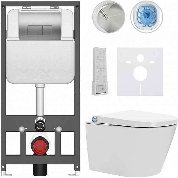 Závěsné WC s bidetem Basic/Cronus Premium - bílá lesklá - WC tlačítko Modulo/Stříbrná - závěsné - předstěnová instalace - 59,3x38,4 cm