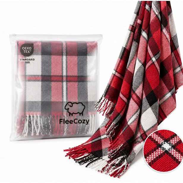 Deka 140x200 kostkovaná červeno-černo-bílá s vlnou 285 g/m² třásně