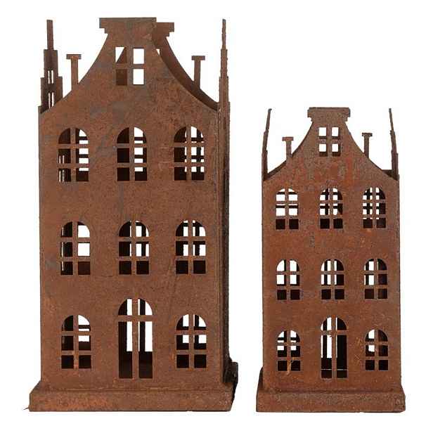 2ks rezavá dekorace / svícen domek Brocante rust - 14*14*27 / 11*11*23 cm Clayre & Eef