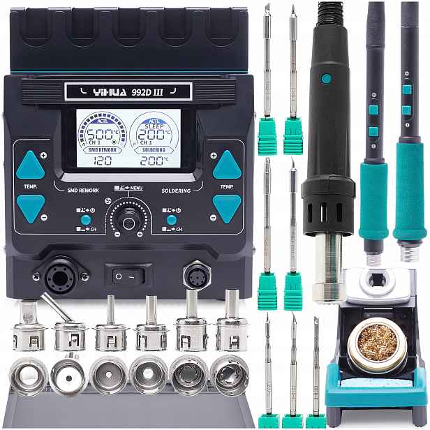 Pájecí stanice Yihua 992D-III 1220W 2v1 Hot Air 6 Tryska 7x Grot C245 C210