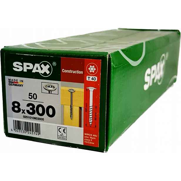 Tesařské vruty 8x300 mm, vruty do dřeva Spax, hlavička talířová 50 Ks