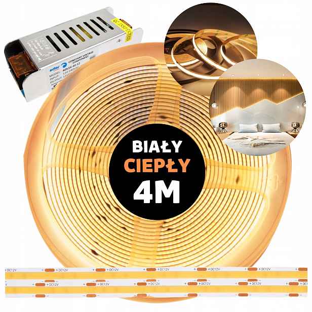 Pásek Led Cob, kontinuální neonová linka s napájecím zdrojem, teplý bílý, 12V, 4M